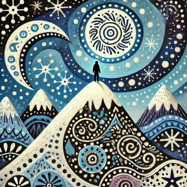 dall·e 2025 11 27 21.57.17 a folk art reinterpretation of a surreal cosmic landscape. a lone human silhouette stands atop a stylized, snow covered mountain painted with simple s