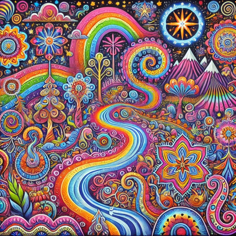 dall·e 2025 11 28 00.17.23 a vibrant folk art depiction of a psychedelic trip experience. the scene is filled with swirling, hand painted patterns in bright, saturated colors—