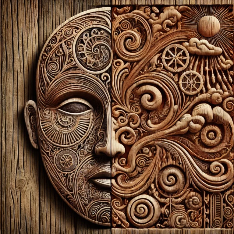 dall·e 2025 11 28 00.49.53 remove the entire left half face and replace it completely with the surrounding carved wood background motifs so that the left side blends seamlessly