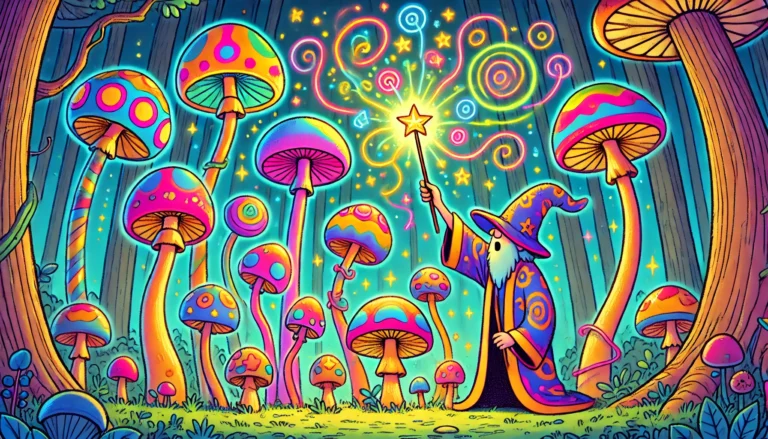 dall·e 2025 12 01 19.46.56 a wide, cartoon style scene in a whimsical forest where a friendly, stylized wizard waves a glowing wand toward a cluster of ordinary mushrooms. as th