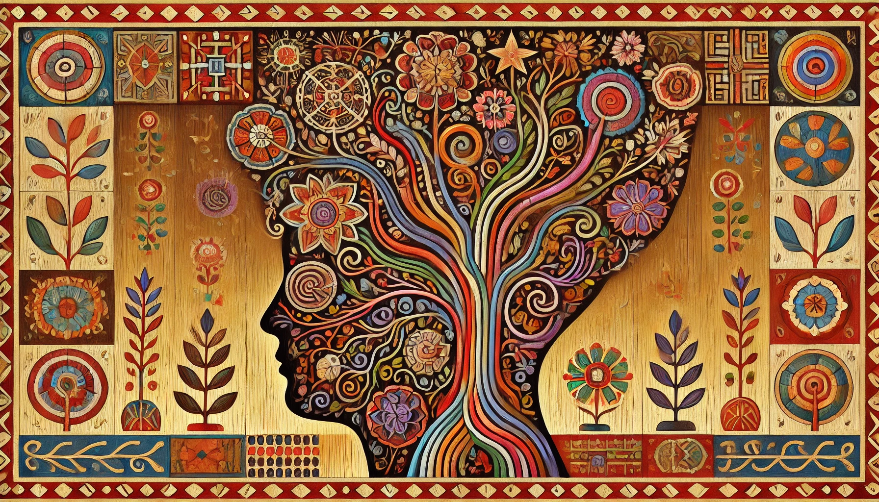 dall·e 2026 01 19 00.13.00 a wide aspect folk art style illustration symbolizing increased neural growth and neural plasticity. the scene features a large, stylized human head p